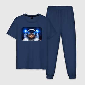 Мужская пижама хлопок с принтом Кот космонавт в Новосибирске, 100% хлопок | брюки и футболка прямого кроя, без карманов, на брюках мягкая резинка на поясе и по низу штанин
 | Тематика изображения на принте: 