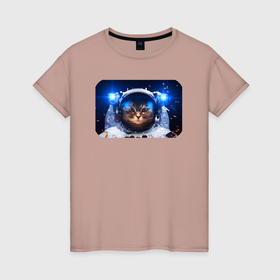 Женская футболка хлопок с принтом Кот космонавт в Новосибирске, 100% хлопок | прямой крой, круглый вырез горловины, длина до линии бедер, слегка спущенное плечо | Тематика изображения на принте: 