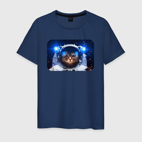 Мужская футболка хлопок с принтом Кот космонавт в Новосибирске, 100% хлопок | прямой крой, круглый вырез горловины, длина до линии бедер, слегка спущенное плечо. | Тематика изображения на принте: 