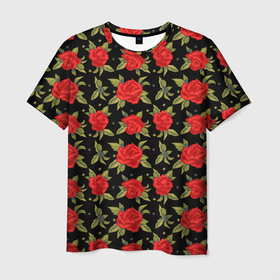 Мужская футболка 3D с принтом Красные розы паттерн в Курске, 100% полиэфир | прямой крой, круглый вырез горловины, длина до линии бедер | 