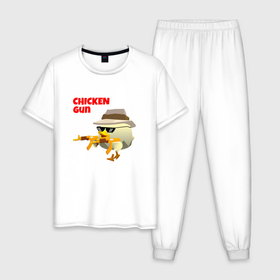 Мужская пижама хлопок с принтом Цыпленок с автоматами в Курске, 100% хлопок | брюки и футболка прямого кроя, без карманов, на брюках мягкая резинка на поясе и по низу штанин
 | Тематика изображения на принте: 