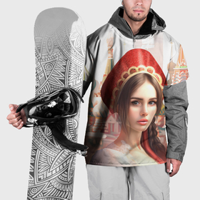 Накидка на куртку 3D с принтом Девушка в кокошнике с косой   кремль в Курске, 100% полиэстер |  | Тематика изображения на принте: 