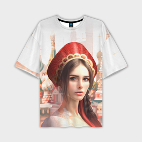 Мужская футболка oversize 3D с принтом Девушка в кокошнике с косой   кремль в Курске,  |  | Тематика изображения на принте: 