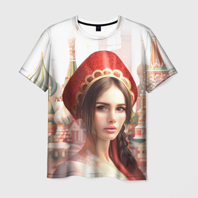 Мужская футболка 3D с принтом Девушка в кокошнике с косой   кремль в Курске, 100% полиэфир | прямой крой, круглый вырез горловины, длина до линии бедер | Тематика изображения на принте: 