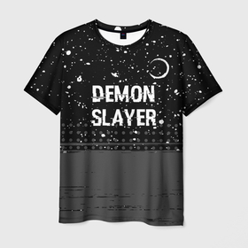 Мужская футболка 3D с принтом Demon Slayer glitch на темном фоне: символ сверху в Екатеринбурге, 100% полиэфир | прямой крой, круглый вырез горловины, длина до линии бедер | 