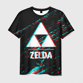 Мужская футболка 3D с принтом Zelda в стиле glitch и баги графики на темном фоне в Кировске, 100% полиэфир | прямой крой, круглый вырез горловины, длина до линии бедер | 