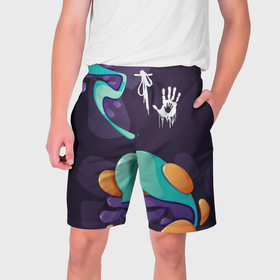 Мужские шорты 3D с принтом Death Stranding graffity splash ,  полиэстер 100% | прямой крой, два кармана без застежек по бокам. Мягкая трикотажная резинка на поясе, внутри которой широкие завязки. Длина чуть выше колен | 