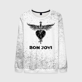Мужской свитшот 3D с принтом Bon Jovi с потертостями на светлом фоне в Петрозаводске, 100% полиэстер с мягким внутренним слоем | круглый вырез горловины, мягкая резинка на манжетах и поясе, свободная посадка по фигуре | Тематика изображения на принте: 