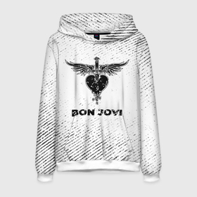 Мужская толстовка 3D с принтом Bon Jovi с потертостями на светлом фоне в городе Новоалтайск, 100% полиэстер | двухслойный капюшон со шнурком для регулировки, мягкие манжеты на рукавах и по низу толстовки, спереди карман-кенгуру с мягким внутренним слоем. | 