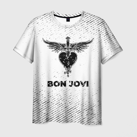 Мужская футболка 3D с принтом Bon Jovi с потертостями на светлом фоне в городе Новоалтайск, 100% полиэфир | прямой крой, круглый вырез горловины, длина до линии бедер | 