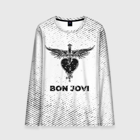 Мужской лонгслив 3D с принтом Bon Jovi с потертостями на светлом фоне в Кировске, 100% полиэстер | длинные рукава, круглый вырез горловины, полуприлегающий силуэт | 