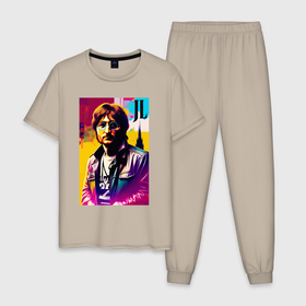 Мужская пижама хлопок с принтом John Lennon   world legend в Петрозаводске, 100% хлопок | брюки и футболка прямого кроя, без карманов, на брюках мягкая резинка на поясе и по низу штанин
 | Тематика изображения на принте: 