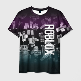Мужская футболка 3D с принтом Роблокс персонажи под градиентом в Екатеринбурге, 100% полиэфир | прямой крой, круглый вырез горловины, длина до линии бедер | 