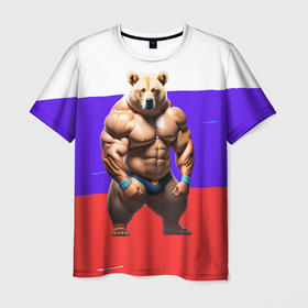 Мужская футболка 3D с принтом Накаченный медведь на Российском флаге в Белгороде, 100% полиэфир | прямой крой, круглый вырез горловины, длина до линии бедер | 