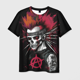 Мужская футболка 3D с принтом скелет  панк анархист , 100% полиэфир | прямой крой, круглый вырез горловины, длина до линии бедер | Тематика изображения на принте: 