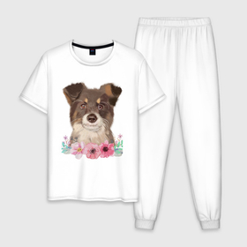 Мужская пижама хлопок с принтом Акварельный пес в цветах в Петрозаводске, 100% хлопок | брюки и футболка прямого кроя, без карманов, на брюках мягкая резинка на поясе и по низу штанин
 | 