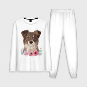 Мужская пижама с лонгсливом хлопок с принтом Акварельный пес в цветах ,  |  | 