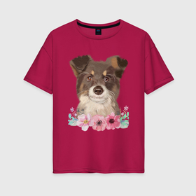 Женская футболка хлопок Oversize с принтом Акварельный пес в цветах в Белгороде, 100% хлопок | свободный крой, круглый ворот, спущенный рукав, длина до линии бедер
 | 
