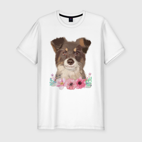 Мужская футболка хлопок Slim с принтом Акварельный пес в цветах в Петрозаводске, 92% хлопок, 8% лайкра | приталенный силуэт, круглый вырез ворота, длина до линии бедра, короткий рукав | 