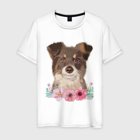 Мужская футболка хлопок с принтом Акварельный пес в цветах в Санкт-Петербурге, 100% хлопок | прямой крой, круглый вырез горловины, длина до линии бедер, слегка спущенное плечо. | 