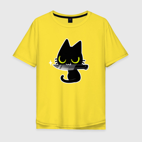Мужская футболка хлопок Oversize с принтом Черный котик с ножом в Екатеринбурге, 100% хлопок | свободный крой, круглый ворот, “спинка” длиннее передней части | 
