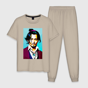 Мужская пижама хлопок с принтом Johnny Depp   Japan style в Кировске, 100% хлопок | брюки и футболка прямого кроя, без карманов, на брюках мягкая резинка на поясе и по низу штанин
 | 