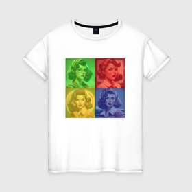 Женская футболка хлопок с принтом Цветные ретро девушки в Петрозаводске, 100% хлопок | прямой крой, круглый вырез горловины, длина до линии бедер, слегка спущенное плечо | 