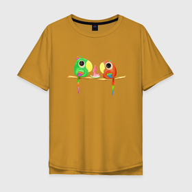 Мужская футболка хлопок Oversize с принтом Попугайчики и арбуз в Курске, 100% хлопок | свободный крой, круглый ворот, “спинка” длиннее передней части | 