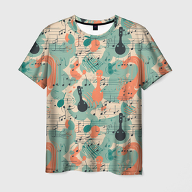 Мужская футболка 3D с принтом Музыкальная фантазия, бесшовный узор в Петрозаводске, 100% полиэфир | прямой крой, круглый вырез горловины, длина до линии бедер | 