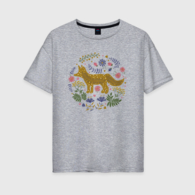 Женская футболка хлопок Oversize с принтом Лиса травы цветы в Петрозаводске, 100% хлопок | свободный крой, круглый ворот, спущенный рукав, длина до линии бедер
 | 