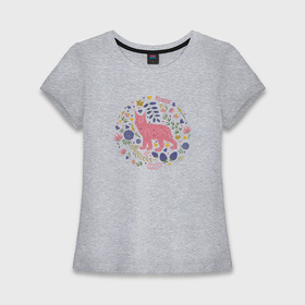 Женская футболка хлопок Slim с принтом Рысь травы цветы ,  |  | 