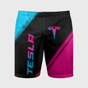 Мужские шорты спортивные с принтом Tesla   neon gradient: надпись, символ в Петрозаводске,  |  | 