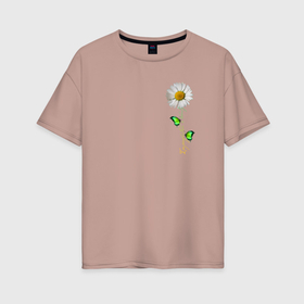 Женская футболка хлопок Oversize с принтом Ромашка с бабочками в Кировске, 100% хлопок | свободный крой, круглый ворот, спущенный рукав, длина до линии бедер
 | 
