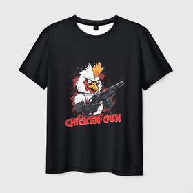 Мужская футболка 3D с принтом Chicken gun pew pew в Тюмени, 100% полиэфир | прямой крой, круглый вырез горловины, длина до линии бедер | Тематика изображения на принте: 