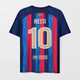 Мужская футболка 3D с принтом Лионель Месси Барселона форма 22 23 домашняя в Кировске, 100% полиэфир | прямой крой, круглый вырез горловины, длина до линии бедер | 