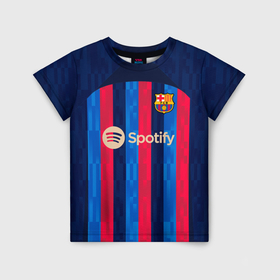 Детская футболка 3D с принтом Барселона форма 22 23 домашняя в Екатеринбурге, 100% гипоаллергенный полиэфир | прямой крой, круглый вырез горловины, длина до линии бедер, чуть спущенное плечо, ткань немного тянется | 