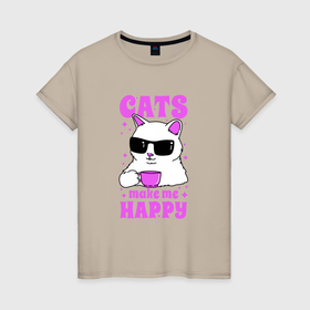 Женская футболка хлопок с принтом Котик делает меня счастливее в Курске, 100% хлопок | прямой крой, круглый вырез горловины, длина до линии бедер, слегка спущенное плечо | 
