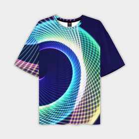 Мужская футболка oversize 3D с принтом Абстрактные неоновые светящиеся спиральные линии в Санкт-Петербурге,  |  | 