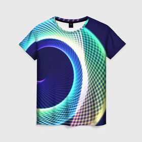 Женская футболка 3D с принтом Абстрактные неоновые светящиеся спиральные линии в Екатеринбурге, 100% полиэфир ( синтетическое хлопкоподобное полотно) | прямой крой, круглый вырез горловины, длина до линии бедер | 
