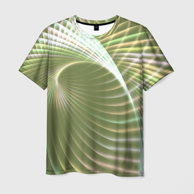 Мужская футболка 3D с принтом Абстрактные неоновые светящиеся зелено желтые спиральные линии в Курске, 100% полиэфир | прямой крой, круглый вырез горловины, длина до линии бедер | 