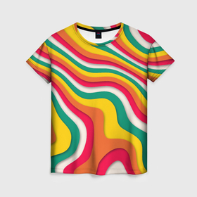 Женская футболка 3D с принтом Множество красочных линий в Петрозаводске, 100% полиэфир ( синтетическое хлопкоподобное полотно) | прямой крой, круглый вырез горловины, длина до линии бедер | 