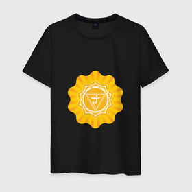 Мужская футболка хлопок с принтом Манипура чакра   символ йоги и аюрведы в Курске, 100% хлопок | прямой крой, круглый вырез горловины, длина до линии бедер, слегка спущенное плечо. | Тематика изображения на принте: 