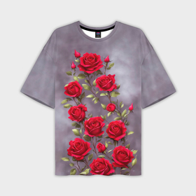 Мужская футболка oversize 3D с принтом Красные розы в пудровом цвете в Курске,  |  | Тематика изображения на принте: 