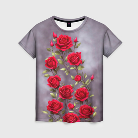 Женская футболка 3D с принтом Красные розы в пудровом цвете в Кировске, 100% полиэфир ( синтетическое хлопкоподобное полотно) | прямой крой, круглый вырез горловины, длина до линии бедер | 