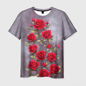 Мужская футболка 3D с принтом Красные розы в пудровом цвете , 100% полиэфир | прямой крой, круглый вырез горловины, длина до линии бедер | 