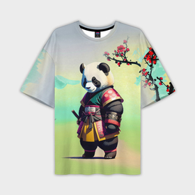 Мужская футболка oversize 3D с принтом Панда самурай   цветущая сакура ,  |  | 