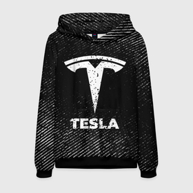 Мужская толстовка 3D с принтом Tesla с потертостями на темном фоне в Рязани, 100% полиэстер | двухслойный капюшон со шнурком для регулировки, мягкие манжеты на рукавах и по низу толстовки, спереди карман-кенгуру с мягким внутренним слоем. | 