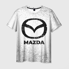 Мужская футболка 3D с принтом Mazda с потертостями на светлом фоне в городе Новоалтайск, 100% полиэфир | прямой крой, круглый вырез горловины, длина до линии бедер | 