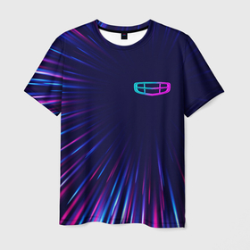 Мужская футболка 3D с принтом Geely neon speed lines в Петрозаводске, 100% полиэфир | прямой крой, круглый вырез горловины, длина до линии бедер | Тематика изображения на принте: 
