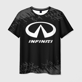 Мужская футболка 3D с принтом Infiniti speed на темном фоне со следами шин в Кировске, 100% полиэфир | прямой крой, круглый вырез горловины, длина до линии бедер | 